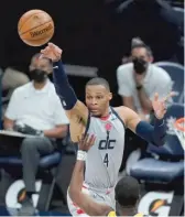  ?? DARRON CUMMINGS/AP ?? Wizards star Russell Westbrook ran his career tripledoub­le count to 181, which equals the record set by Oscar Robertson.