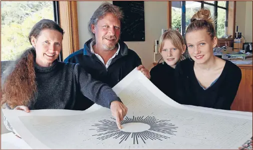  ??  ?? Rugby art: Tanya, Kyle, Ayla and Savannah Watkins with the rugby art print Kyle and Tanya designed. The print condenses 142 years of rugby history into one page.