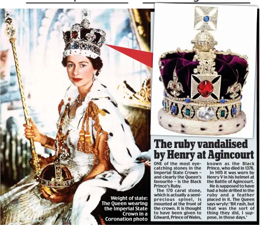  ??  ?? Weight of state: The Queen wearing the Imperial State Crown in a Coronation photo