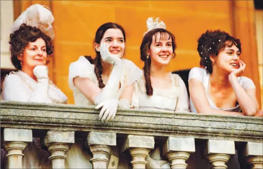  ??  ?? Brenda Blethyn, left, as Mrs. Bennet is the lioness of her pride of daughters: Talulah Riley as Mary; Jena Malone as Lydia; and Keira Knightley as Elizabeth.