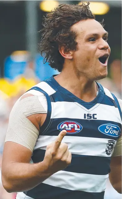  ??  ?? Territoria­n Steven Motlop celebrates one of his four goals for Geelong in their match against West