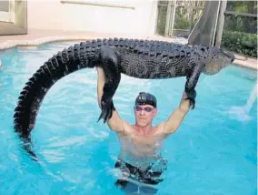  ?? PAUL BEDARD/AP ?? Paul Bedard raises a 9-foot alligator over his head Oct. 15 at a home in Parkland after the nuisance reptile jumped into a customer’s pool. The story was among Florida’s top odd stories for 2019.