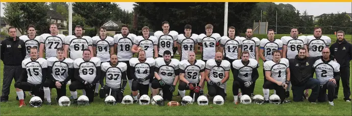  ?? Picture: Ken Finegan ?? The Louth Mavericks American football team, pictured before taking on Craigavon Cowboys in Sunday’s IAFL 1 Final at Dundalk RFC’s Mill Road grounds.