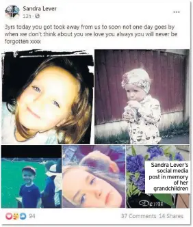  ??  ?? Sandra Lever’s social media post in memory of her grandchild­ren