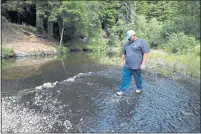  ??  ?? Heath Daniels, water operations manager for the city of Fort Bragg, walks across the Noyo River to demonstrat­e the low water level at Madsen Hole in Fort Bragg on July 26.