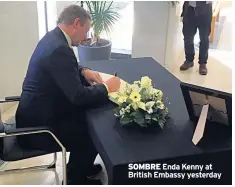  ??  ?? SOMBRE Enda Kenny at British Embassy yesterday