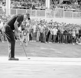  ?? GREGORY SHAMUS/GETTY IMAGES ?? Phil Mickelson missed this putt on No. 17 but had a 5-under 66 before winning the playoff.