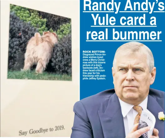  ??  ?? ROCK BOTTOM:
Disgraced Prince Andrew wishes loved ones a Merry Christmas with this bizarre picture of a dog’s backside (left). Andrew faced criticism this year for his friendship with pedophile Jeffrey Epstein.