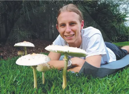  ??  ?? Edward Faulkner of Helensvale checks out the fungi springing up in his front yard after all the rain.