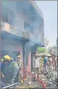  ?? ?? Fire brigade dousing the fire in Runakata area of Agra on Friday.