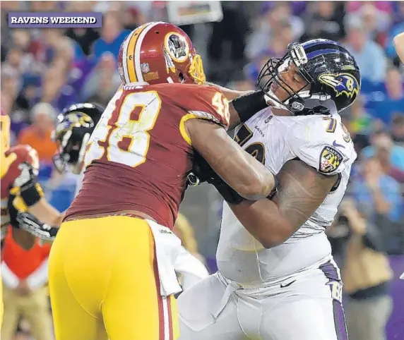  ?? LLOYD FOX/BALTIMORE SUN ?? The Ravens coaching staff thinks left tackle Ronnie Stanley, blocking Washington’s Lynden Trail during the preseason, can become an All-Pro performer in his second season in the NFL.