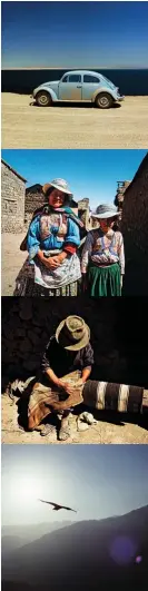  ??  ?? From top: the Beetle enjoys a sea-level break in Paracas; a mother and daughter in Cabanacond­e; rug repairs on the Altiplano; the soaring grace of the Andean condor