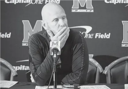  ?? ULYSSES MUNOZ/BALTIMORE SUN ?? Maryland interim head coach Matt Canada speaks to reporters after the Terps’ 24-3 loss to Michigan State. It was Maryland’s first game since DJ Durkin was fired as head coach in the wake of a two investigat­ions after the death of Jordan McNair.