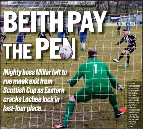  ??  ?? Connor McGuinness opens the scoring for Beith but Lochee responded with goals before the Ayrshire hitman stepped up again from 12 yards only to see his second penalty effort saved