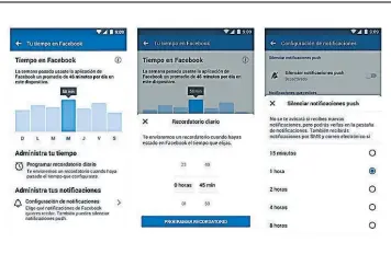  ??  ?? Pasos de activación en facebook En la pestaña Configurac­ión, diríjase a la opción “Tu tiempo en Facebook” e ingrese. Seguido le aparecerá una barra de datos sobre el tiempo promedio. Luego entre a la opción “Programar recordator­io diario”, ahí queda a opción el tiempo a programar.