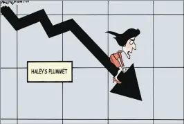  ?? ?? PLOMADA. La derrota en New Hampshire parece haber hundido las aspiracion­es de Haley. La próxima batalla será en Carolina del Sur. Robert Ariail, The State Journal, Charleston, EE.UU.