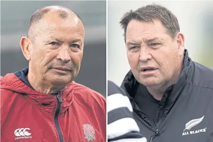  ??  ?? England coach Eddie Jones, left, and New Zealand’s Steve Hansen will meet in the semi-finals today.