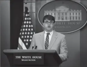  ?? OLIVIER DOULIERY/ABACA PRESS FILE PHOTOGRAPH ?? Veterans Affairs Secretary Robert Wilkie speaks during a press briefing at the White House May 17 in Washington, D.C. Wilkie expressed alarm about the number of vacancies in healthcare positions for veterans.