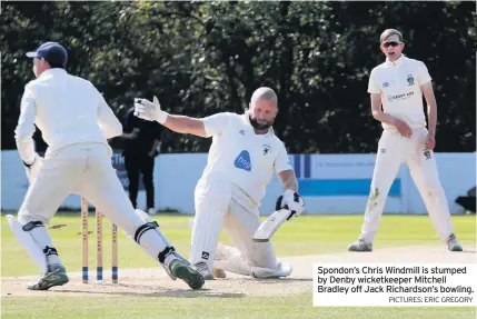  ?? PICTURES: ERIC GREGORY ?? Spondon’s Chris Windmill is stumped by Denby wicketkeep­er Mitchell Bradley off Jack Richardson’s bowling.