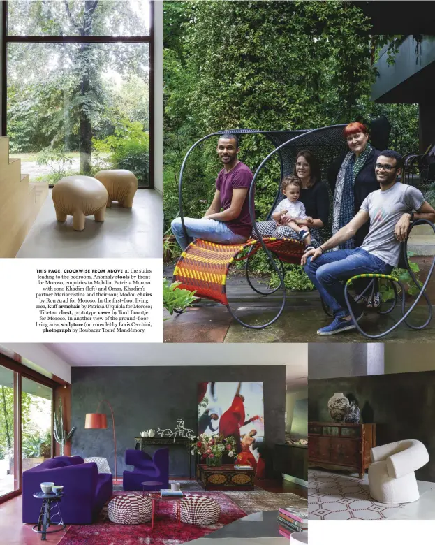  ??  ?? THIS PAGE, CLOCKWISE FROM ABOVE at the stairs leading to the bedroom, Anomaly stools by Front for Moroso, enquiries to Mobilia. Patrizia Moroso with sons Khadim (left) and Omar, Khadim’s partner Mariacrist­ina and their son; Modou chairs by Ron Arad for Moroso. In the first-floor living area, Ruff armchair by Patricia Urquiola for Moroso; Tibetan chest; prototype vases by Tord Boontje for Moroso. In another view of the ground-floor living area, sculpture (on console) by Loris Cecchini; photograph by Boubacar Touré Mandémory.