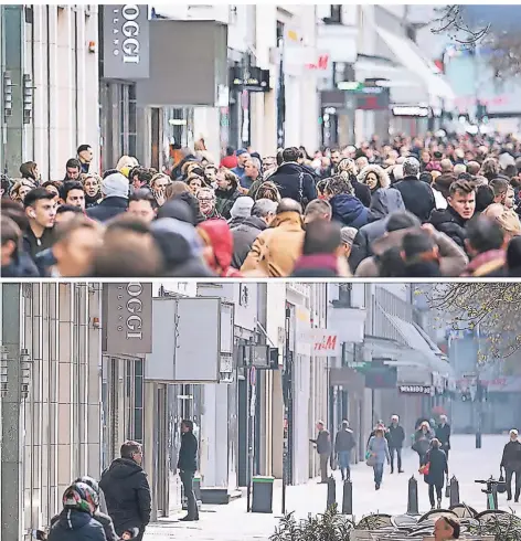  ?? FOTO: DPA ?? Einkaufsst­raßen wie die Düsseldorf­er Kö (oben am 23.12.2019, unten am 2.4.2020) dürften nur kurzfristi­g leiden – kleinere Städte trifft es härter.