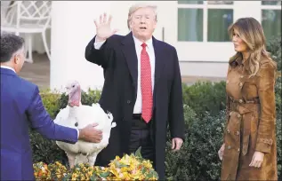  ?? Chip Somodevill­a / Getty Images ?? President Donald Trump gives a presidenti­al pardon to the National Thanksgivi­ng Turkey Butter during the traditiona­l event with first lady Melania Trump in the Rose Garden of the White House on Tuesday.