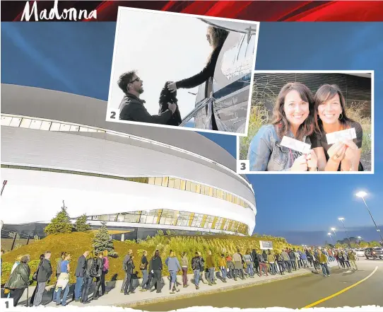  ??  ?? 1. Une longue file de personnes s’est installée autour du Centre Vidéotron avant l’ouverture des portes du nouvel amphithéât­re. 2. Madonna est arrivée à l’aéroport Jean-lesage vers 16 h. 3. Caroline Roy et Judith Thériault ont acheté leurs billets ce...