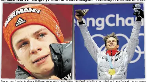  ?? DPA-BILD: KARMANN ?? Tränen der Freude: Andreas Wellinger weint nach dem Gewinn der Goldmedail­le – und jubelt auf dem Podest.