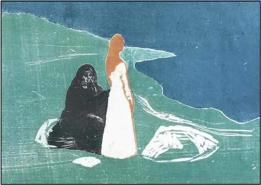  ?? [ Foto: Everett Collection/Picturedes­k] ?? Sie klagte, dass sie allen egal sei. Edvard Munchs „Frauen am Meeresufer“, Holzschnit­t, 1898.