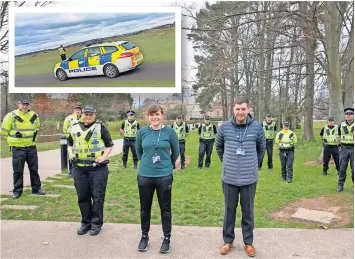  ?? ?? Campaign Campus officers and Thriving Community officers outside Ayr Academy, and inset police at Prestwick Golf Course