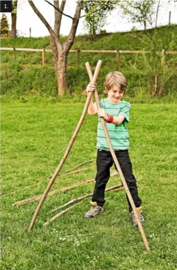  ??  ?? 1. Step 1: Josh selects two branches of equal length and crosses them at the top to form a triangle. The base should be wide enough for the boys to pass through easily.