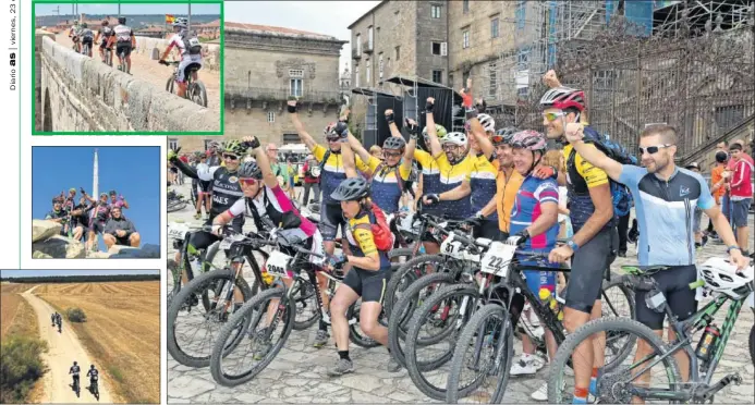  ??  ?? PRUEBA SUPERADA. Los participan­tes en 2017 celebran su llegada a Santiago de Compostela. Por el camino, largas rectas por Castilla, ascensione­s y cultura en el Camino.