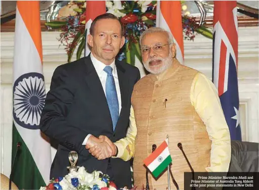  ??  ?? Prime Minister Narendra Modi and Prime Minister of Australia Tony Abbott at the joint press statements in New Delhi