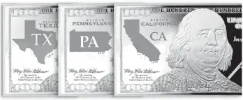  ??  ?? WHAT EVERYONE WANTS: Pictured left reveals for the very first time the valuable State Silver 100’s struck in high relief .999 pure fine silver loaded inside each Vault Stack. Pictured right are the Vault Stacks containing three of the only State Silver...