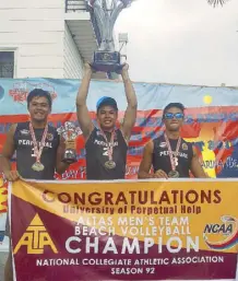  ??  ?? Taneo brothers Relan and Rey Jr bag the NCAA beach volleyball crown over the LPU Pirates at the Subic Bay resort in Subic, Zambales, yesterday.