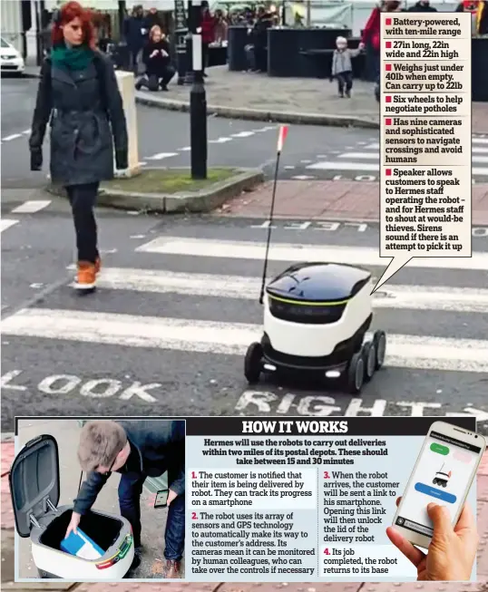  ??  ?? Battery-powered, with ten-mile range
27in long, 22in wide and 22in high
Weighs just under 40lb when empty. Can carry up to 22lb
Six wheels to help negotiate potholes
Has nine cameras and sophistica­ted sensors to navigate crossings and avoid...