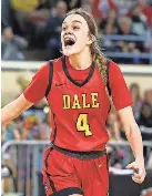  ?? ALONZO ADAMS/FOR THE OKLAHOMAN ?? Dale’s Ava Bell celebrates during a 52-47 win against Amber-Pocasset on Friday in the Class 2A girls basketball state semifinals at State Fair Arena.