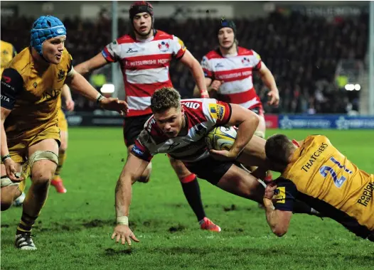  ?? PICTURES: Getty Images ?? Bonus time: Henry Purdy goes over for Gloucester’s fourth try