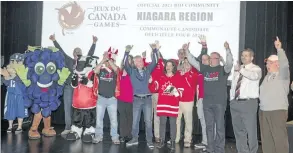  ?? BOB TYMCZYSZYN/STANDARD STAFF ?? Supporters in Niagara gathered at the First Ontario Performing Arts Centre in St. Catharines react of the announceme­nt Thursday by the Canada Games Council and the Province of Ontario, that Niagara Region was named host of the 2021 Canada Summer Games.
