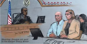  ??  ?? Hearing: Drumm sat next to his lawyer Tracy Miner