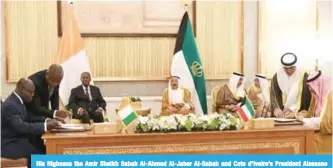  ??  ?? His Highness the Amir Sheikh Sabah Al-Ahmad Al-Jaber Al-Sabah and Cote d’Ivoire’s President Alassane Ouattara observe the signing of an agreement between the two countries.