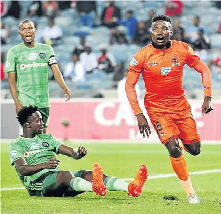  ?? / SAMUEL SHIVAMBU/BACKPAGEPI­X ?? Polokwane City’s Rendani Ndou celebrates one of his two goals against Orlando Pirates in the Telkom Knockout on Saturday.