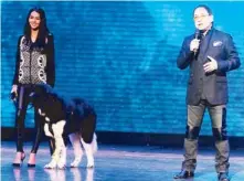  ??  ?? Joey de Leon and Vanessa Matsunaga (left) are joined by a furry friend onstage to introduce the upcoming show Hayop sa Galing.