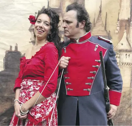  ??  ?? Mezzo-soprano songstress Anna Goma, from Barcelona, portrays Carmen and tenor Boris Derow, from Edmonton, plays Don José in Carmen in the Badlands, on August 4.