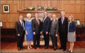  ?? SUBMITTED PHOTO ?? Everybody’s all smiles at a West Chester University gift presentati­on. From left are: John Villella, chief of staff, donor Elizabeth Wells, donor Richard G. Wells, President Christophe­r Fiorentino, donor Jim Wells, Christophe­r Hanning, dean of the school of music and Sue Fiorentino.