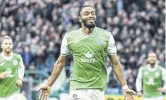  ?? ?? Myziane Maolida celebrates scoring Hibs’ opener on Saturday