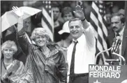  ?? JACK SMITH, FILE -THE ASSOCIATED PRESS ?? In this 1984file photo, Democratic presidenti­al candidate Walter Mondale and his running mate, Geraldine Ferraro, wave as they leave an afternoon rally in Portland, Ore. Mondale, a liberal icon who lost the most lopsided presidenti­al election after bluntly telling voters to expect a tax increase if he won, died Monday, April 19, 2021. He was 93.