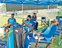  ?? — BCCI ?? (from left) Shardul Thakur, Rohit Sharma and Ravindra Jadeja relax after a training session in Auckland.