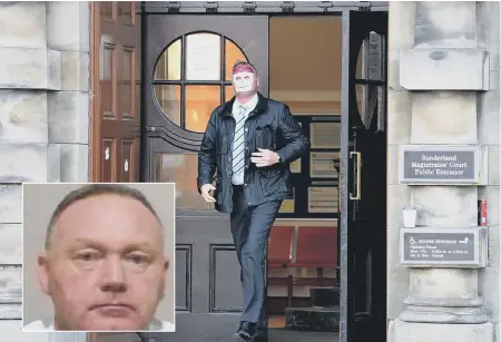  ??  ?? Mark Hardy, inset, and leaving Sunderland Magistrate­s’ Court wearing a mask.