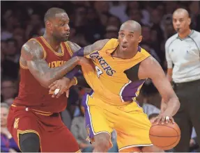  ?? JAYNE KAMIN-ONCEA/USA TODAY SPORTS ?? Then-Cavaliers forward LeBron James guarded then-Lakers forward Kobe Bryant in a game during the 2016 season.